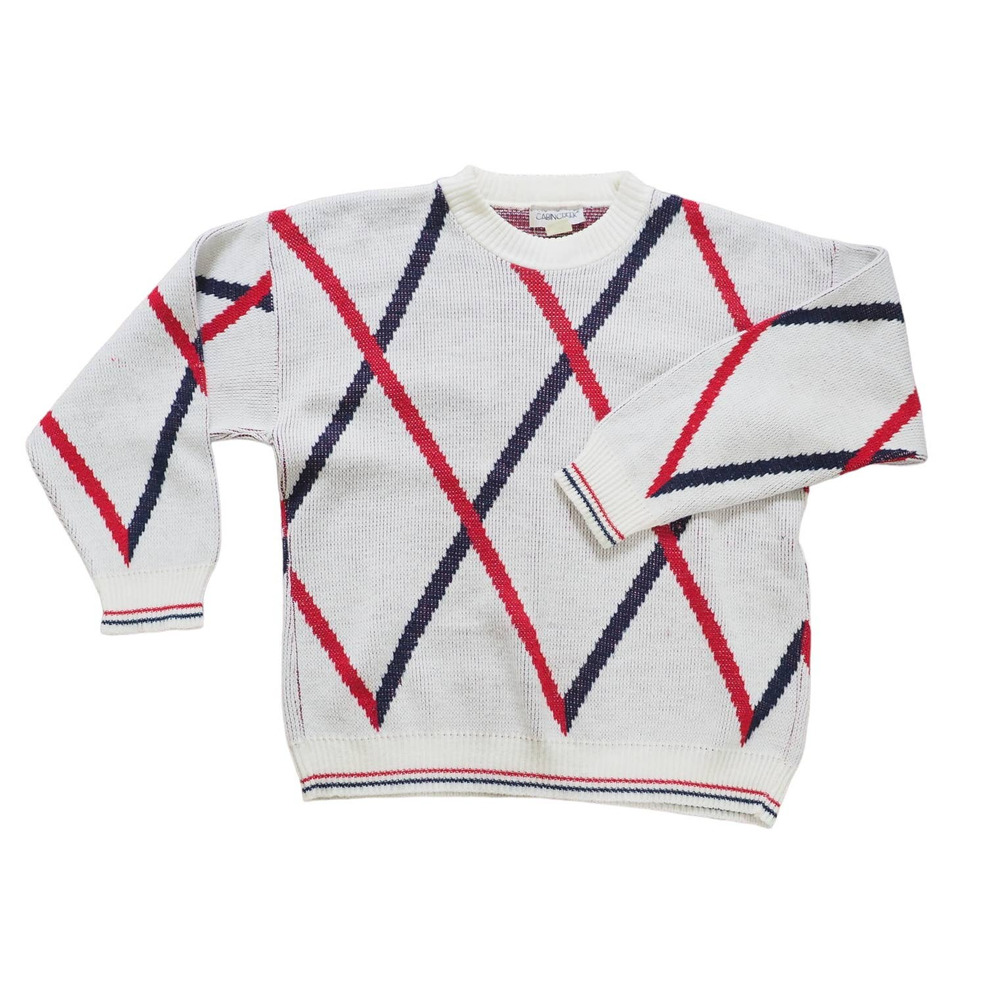 Vintage Knit Sweater White Red and‎ Blue Diamond Print Retro Pullover S/M